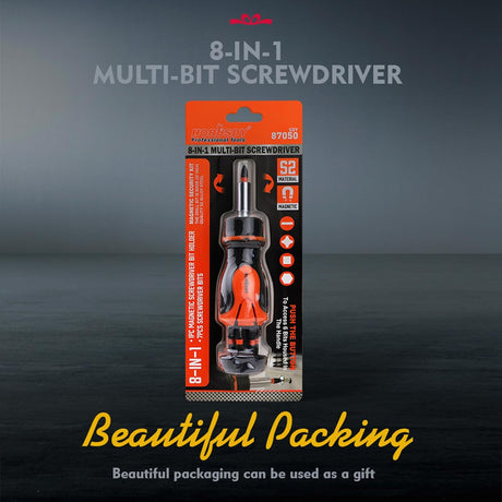 HORUSDY 8-in-1 ratcheting screwdriver with magnetic S2 steel bits, ergonomic grip, and built-in bit storage for DIY and professional use