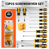RUSDY 13-piece screwdriver set with CR-V steel shafts, ergonomic anti-slip handles, and magnetizer/demagnetizer block for precision repairs