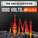 HORUSDY 13-piece insulated electrician screwdriver set with magnetic tips and 1000V protection in red and yellow color, stored in a hard case.