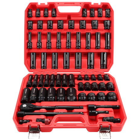 SEDY 67-piece 1/2 inch drive master impact socket set with SAE metric sockets, ratchet handle, extension bars, adapters and secure carry case