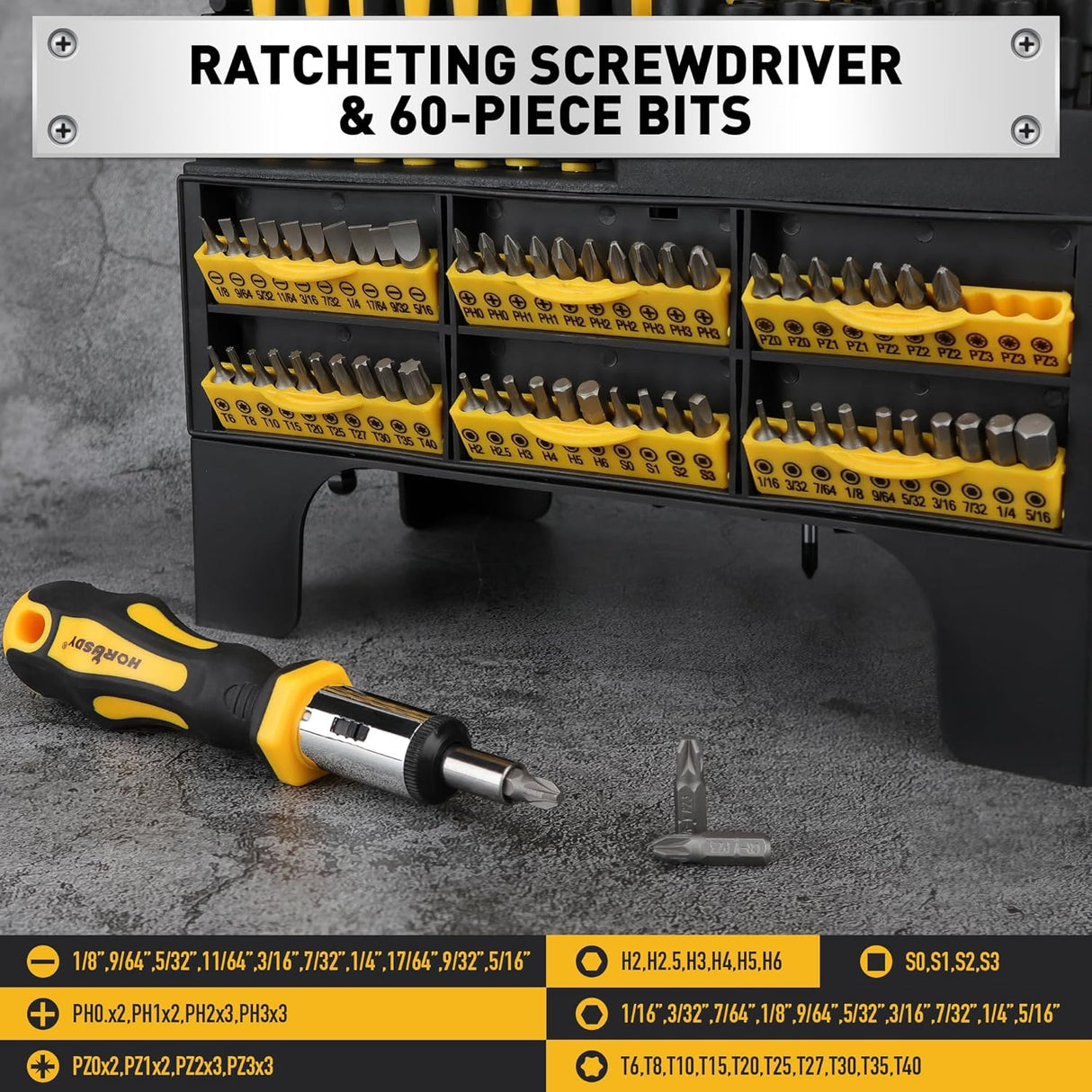 HORUSDY 140-piece magnetic screwdriver and bit set with CR-V steel shafts, hex keys, precision screwdrivers, and plastic organizer rack for home and workshop use