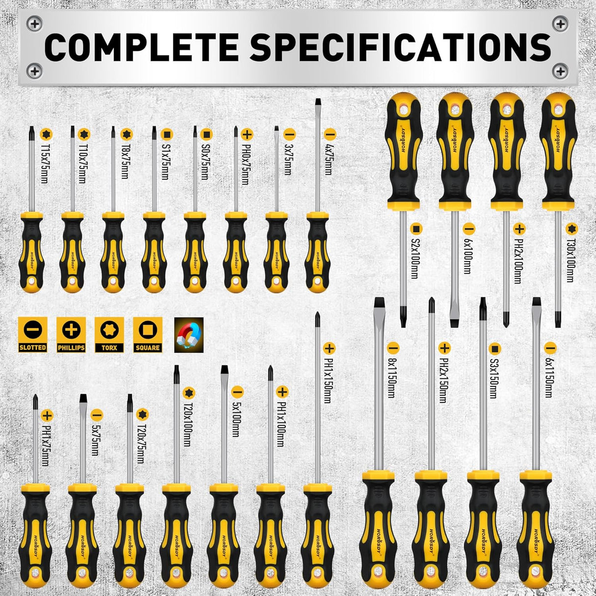 HORUSDY 140-piece magnetic screwdriver and bit set with CR-V steel shafts, hex keys, precision screwdrivers, and plastic organizer rack for home and workshop use
