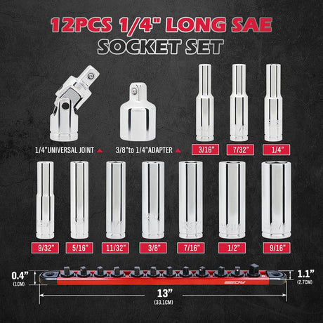 High-quality  12-Piece 1/4" Long SAE Socket Set with universal joint and storage rack