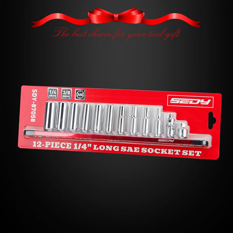 High-quality  12-Piece 1/4" Long SAE Socket Set with universal joint and storage rack