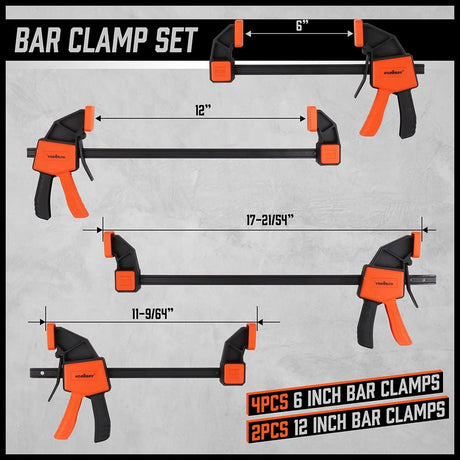 HORUSDY spring and bar clamp set for woodworking, includes 6-inch and 12-inch clamps with ergonomic grip and durable nylon construction