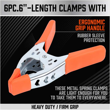 6-inch heavy duty metal spring clamps with orange PVC-coated tips for woodworking, crafts, photography, and DIY applications