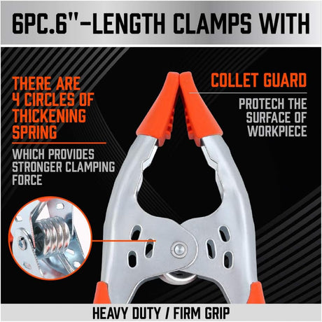 6-inch heavy duty metal spring clamps with orange PVC-coated tips for woodworking, crafts, photography, and DIY applications