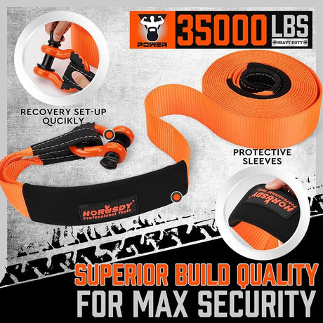 Heavy-duty HORUSDY orange tow strap recovery kit with 3"x30FT nylon strap, 35,000 lbs break strength, D-ring shackles, and storage bag for vehicle recovery