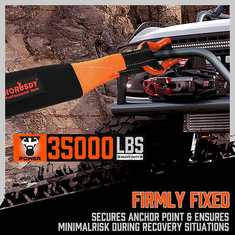 Heavy-duty HORUSDY orange tow strap recovery kit with 3"x30FT nylon strap, 35,000 lbs break strength, D-ring shackles, and storage bag for vehicle recovery