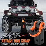 Heavy-duty orange HORUSDY tow strap recovery kit with 35,000 lbs break strength, D-ring shackles, 2” hitch receiver, and carrying bag for off-road towing