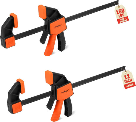 HORUSDY 12-inch bar clamps with quick-release trigger, spreader function, 150LBS force, anti-slip pads, and durable steel rails