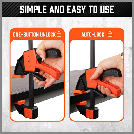 HORUSDY 12-inch bar clamps with quick-release trigger, spreader function, 150LBS force, anti-slip pads, and durable steel rails