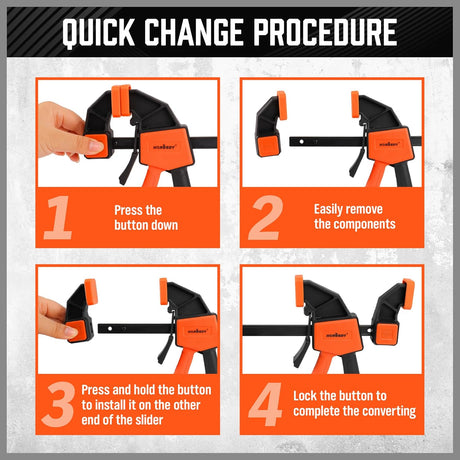 HORUSDY 12-inch bar clamps with quick-release trigger, spreader function, 150LBS force, anti-slip pads, and durable steel rails
