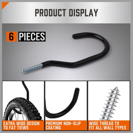 12-pack black screw-in wall hooks for bike and garage storage, heavy-duty utility hangers with non-slip wide mouth design
