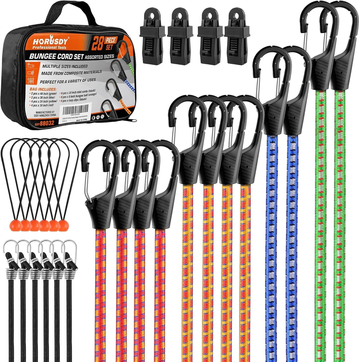 HORUSDY 28-piece heavy-duty bungee cord kit with hooks, canopy ball ties, and tarp clips for securing loads, tents, or tarps in outdoor and travel use