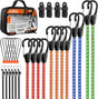 HORUSDY 28-piece heavy-duty bungee cord kit with hooks, canopy ball ties, and tarp clips for securing loads, tents, or tarps in outdoor and travel use
