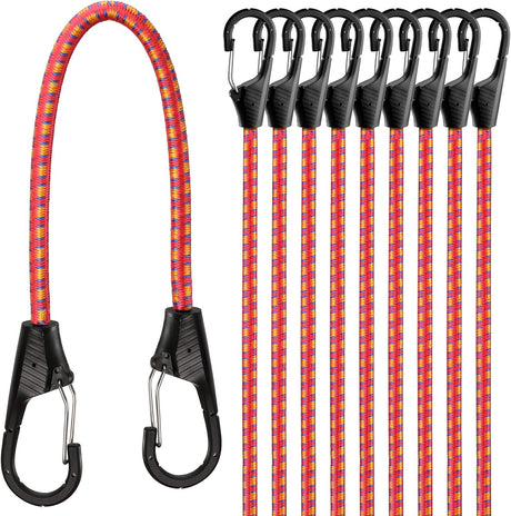 HORUSDY 18-inch heavy-duty bungee cords with spring lock clips and steel core for securing luggage, bike bags, outdoor gear, and rooftop loads