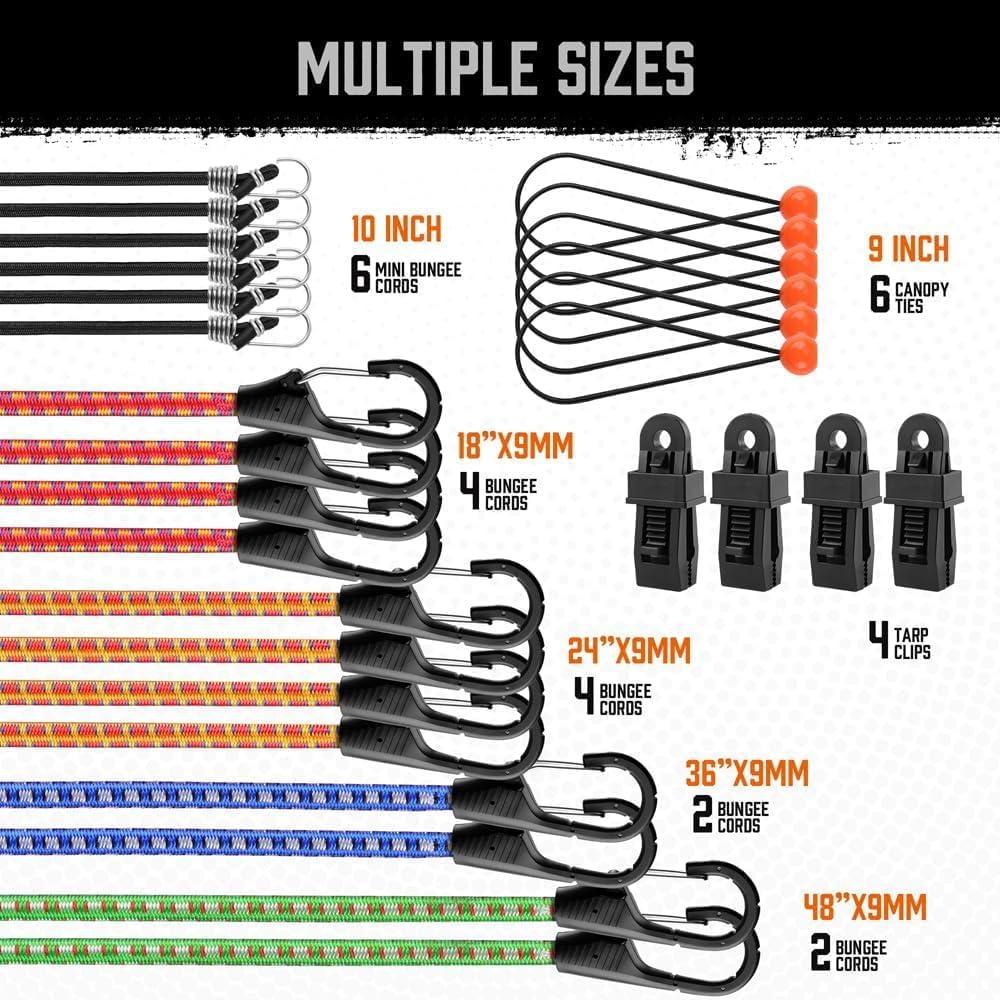 HORUSDY 28-piece heavy-duty bungee cord kit with hooks, canopy ball ties, and tarp clips for securing loads, tents, or tarps in outdoor and travel use