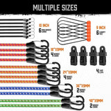 HORUSDY 28-piece heavy-duty bungee cord kit with hooks, canopy ball ties, and tarp clips for securing loads, tents, or tarps in outdoor and travel use