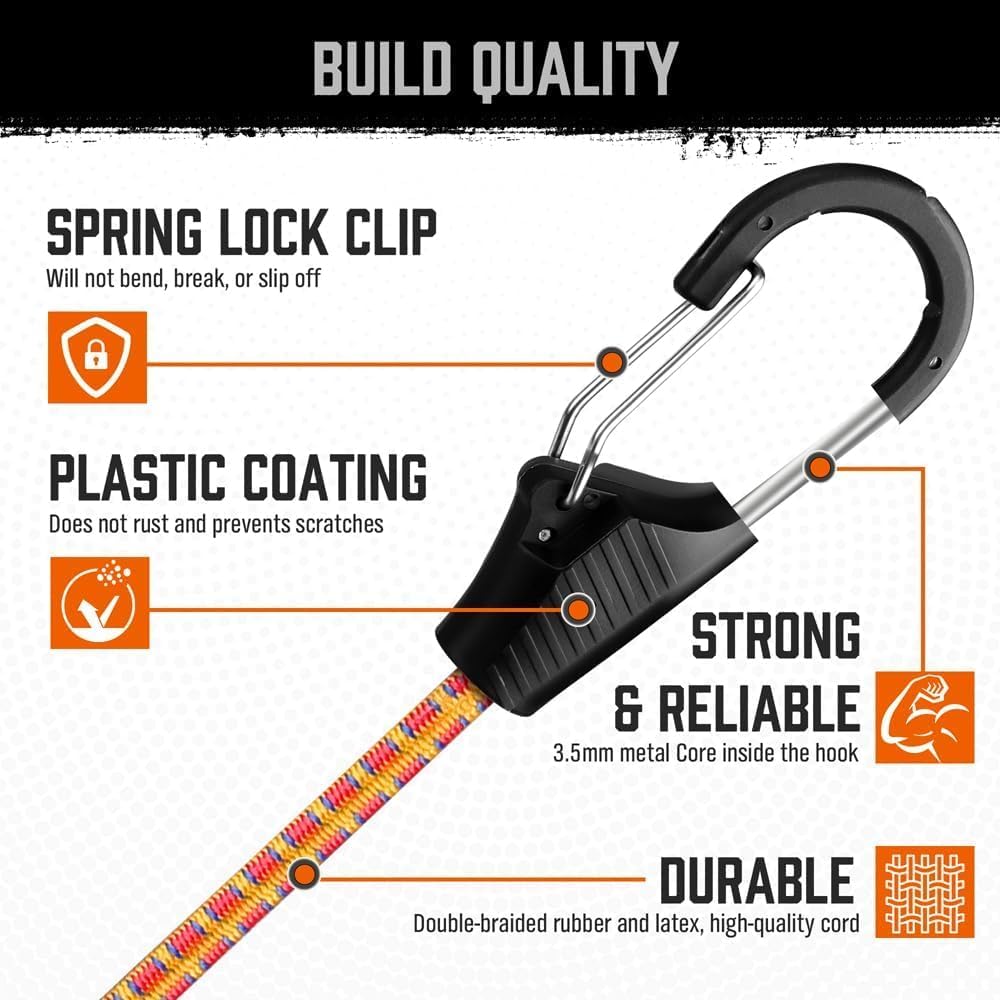 HORUSDY 28-piece heavy-duty bungee cord kit with hooks, canopy ball ties, and tarp clips for securing loads, tents, or tarps in outdoor and travel use