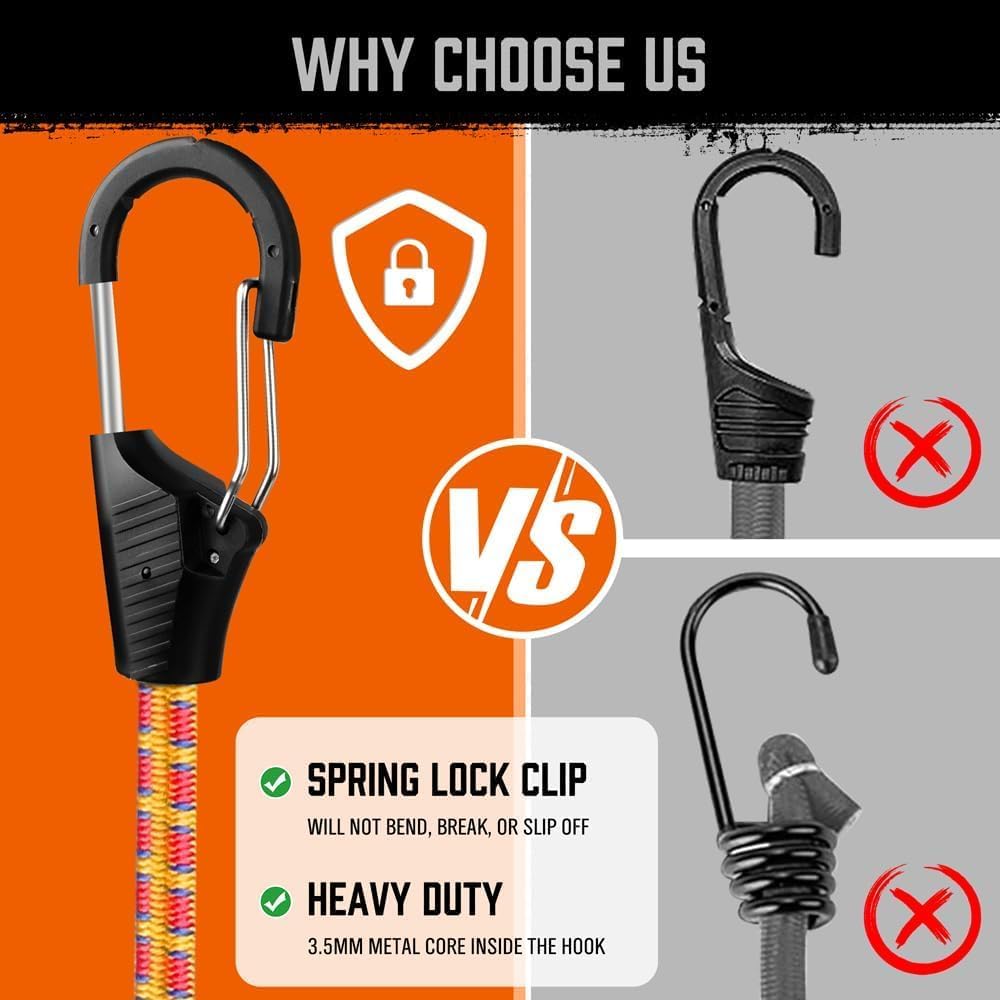 HORUSDY 28-piece heavy-duty bungee cord kit with hooks, canopy ball ties, and tarp clips for securing loads, tents, or tarps in outdoor and travel use