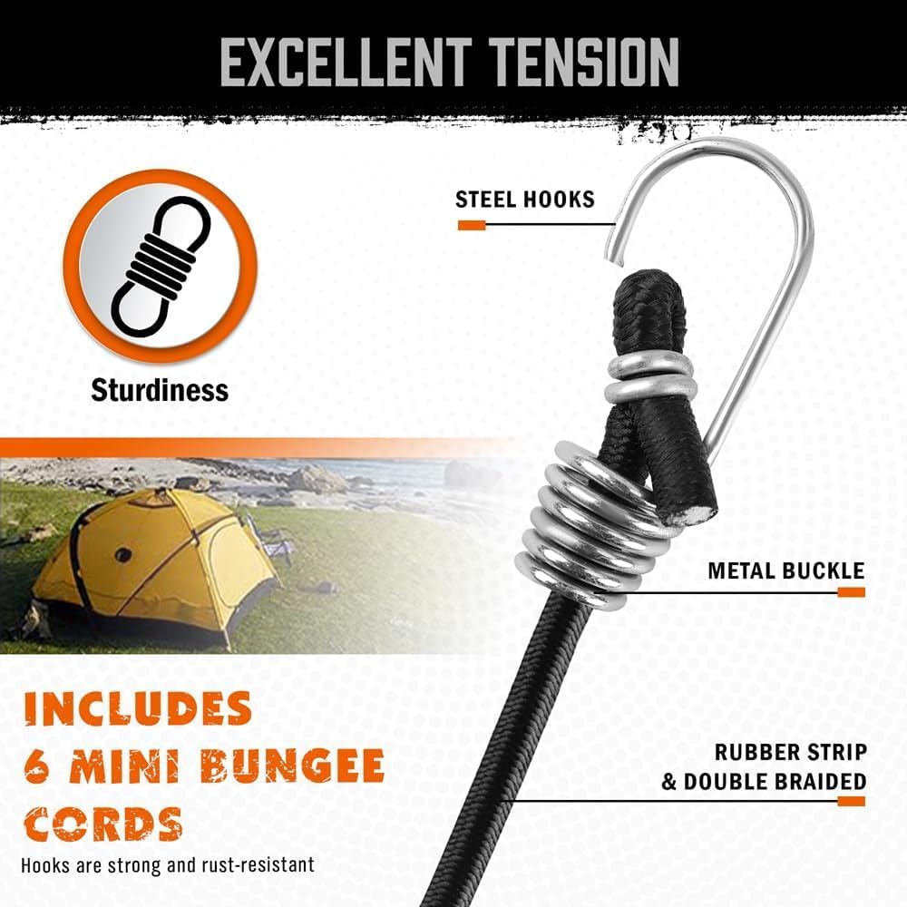 HORUSDY 28-piece heavy-duty bungee cord kit with hooks, canopy ball ties, and tarp clips for securing loads, tents, or tarps in outdoor and travel use