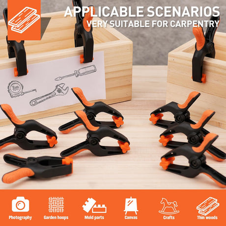 3-inch orange and black heavy duty spring clamps with soft rubber handle and flexible non-slip jaw pads for woodworking, crafts, and photography use