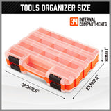 Double-sided orange tool organizer box with 34 adjustable compartments for hardware and accessories