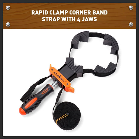 Two HORUSDY belt clamps with ergonomic handles, 4M nylon straps, and corner jaws for woodworking and clamping irregular shapes.