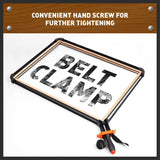 Two HORUSDY belt clamps with ergonomic handles, 4M nylon straps, and corner jaws for woodworking and clamping irregular shapes.
