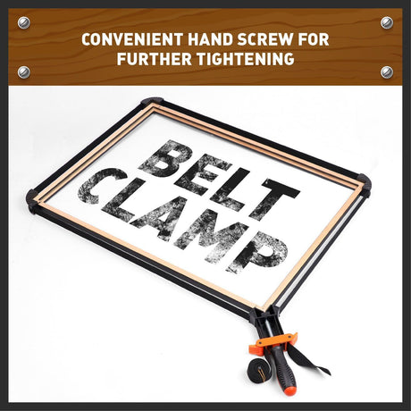 Two HORUSDY belt clamps with ergonomic handles, 4M nylon straps, and corner jaws for woodworking and clamping irregular shapes.