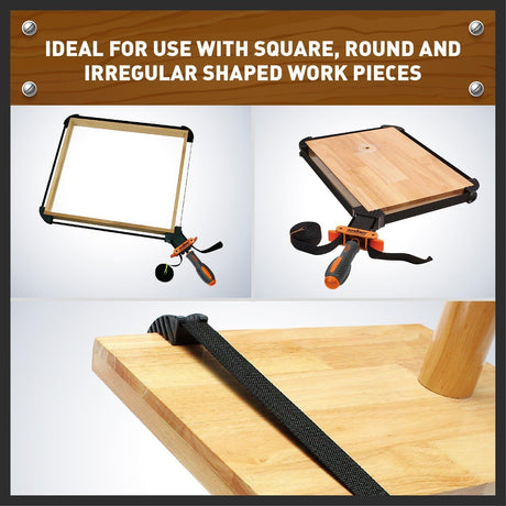 Two HORUSDY belt clamps with ergonomic handles, 4M nylon straps, and corner jaws for woodworking and clamping irregular shapes.