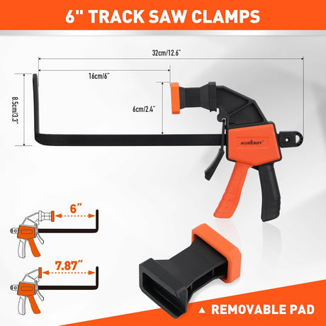 HORUSDY 2-pack 6-inch track saw clamps with L-shaped bar and non-marring pads, compatible with standard guide rails and F-clamp use