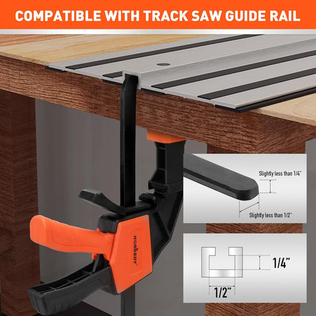 HORUSDY 2-pack 6-inch track saw clamps with L-shaped bar and non-marring pads, compatible with standard guide rails and F-clamp use