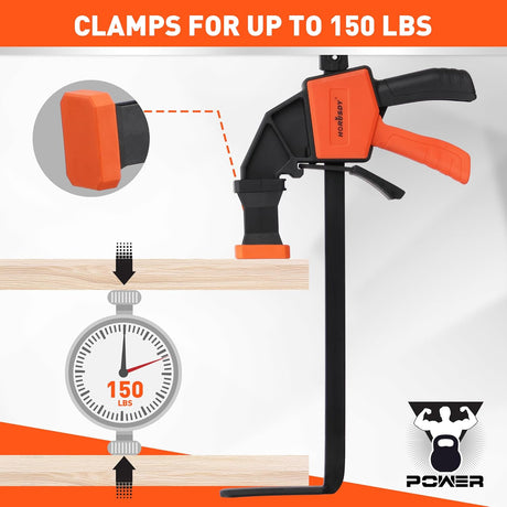 HORUSDY 2-pack 6-inch track saw clamps with L-shaped bar and non-marring pads, compatible with standard guide rails and F-clamp use