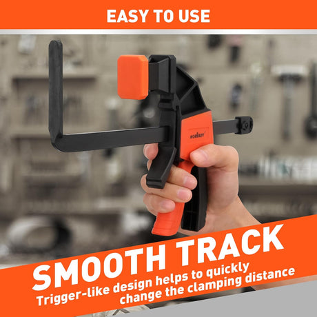 HORUSDY 2-pack 6-inch track saw clamps with L-shaped bar and non-marring pads, compatible with standard guide rails and F-clamp use