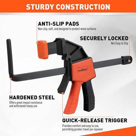 HORUSDY 2-pack 6-inch track saw clamps with L-shaped bar and non-marring pads, compatible with standard guide rails and F-clamp use