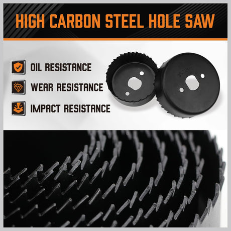 HORUSDY 24-piece hole saw kit with carbon steel blades, mandrels, and accessories in a durable orange case