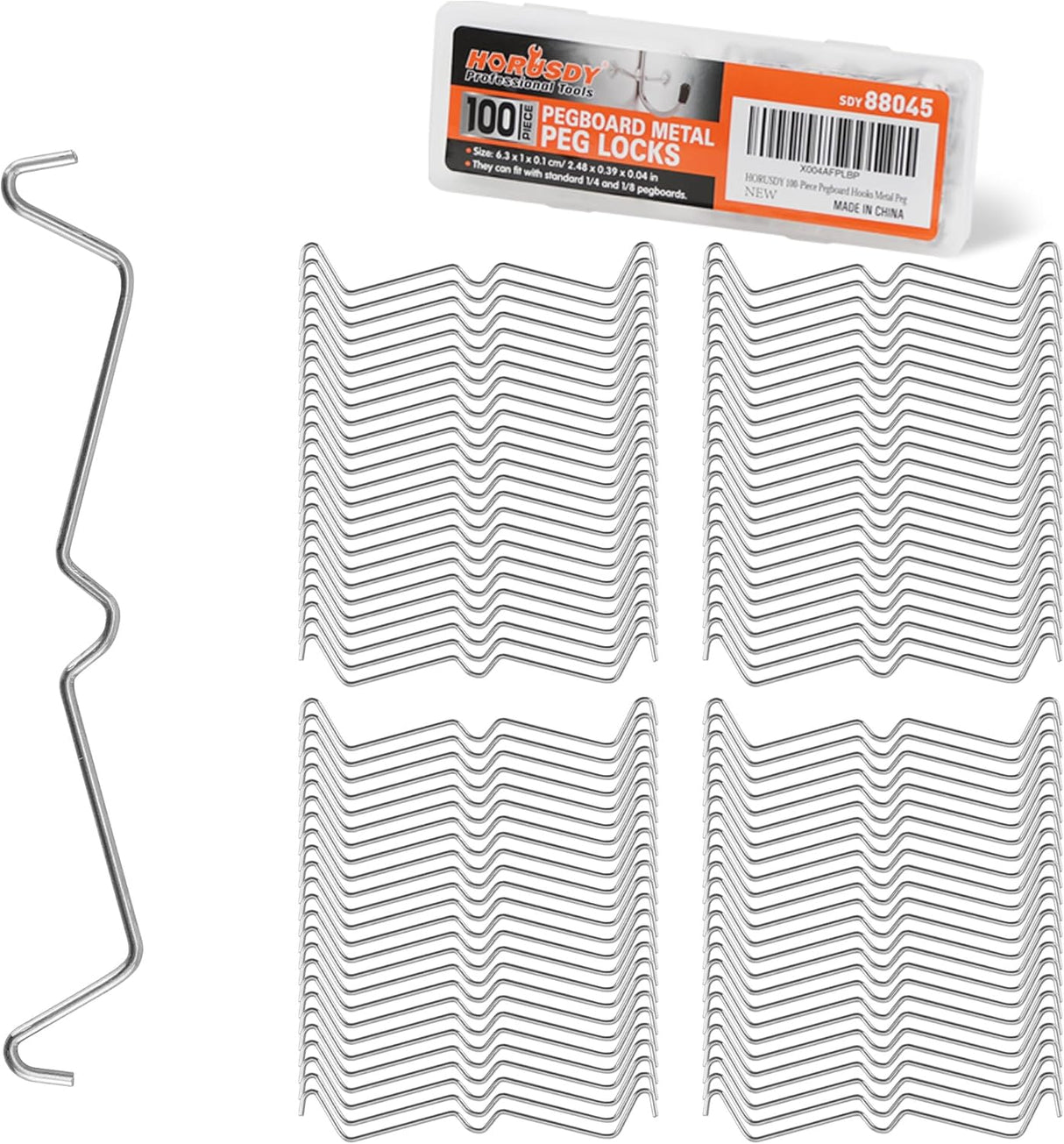 HORUSDY 100-pack pegboard metal peg locks with anti-fall hook design for 1/4" and 1/8" pegboards, durable and rust-resistant