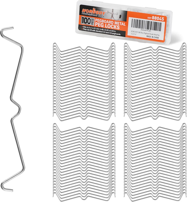 HORUSDY 100-pack pegboard metal peg locks with anti-fall hook design for 1/4" and 1/8" pegboards, durable and rust-resistant