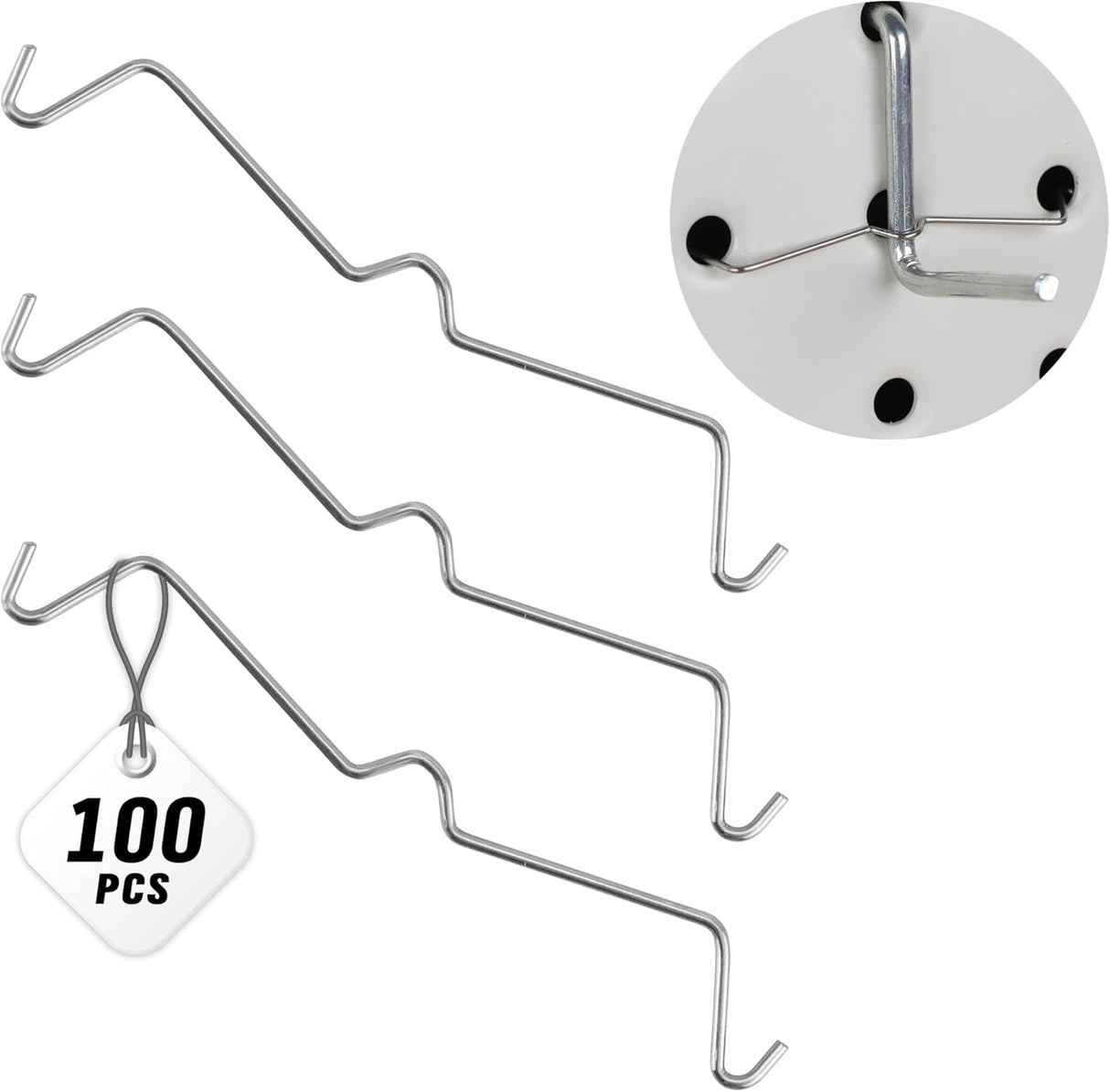 HORUSDY 100-pack pegboard metal peg locks with anti-fall hook design for 1/4" and 1/8" pegboards, durable and rust-resistant