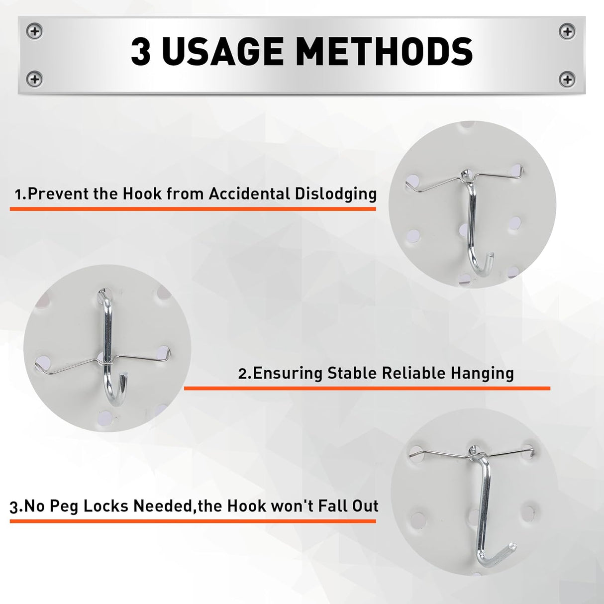 HORUSDY 100-pack pegboard metal peg locks with anti-fall hook design for 1/4" and 1/8" pegboards, durable and rust-resistant