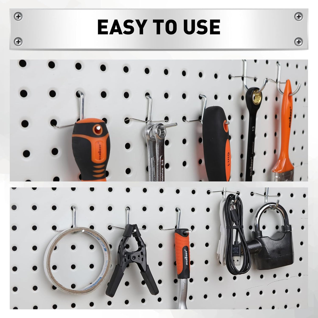 HORUSDY 100-pack pegboard metal peg locks with anti-fall hook design for 1/4" and 1/8" pegboards, durable and rust-resistant
