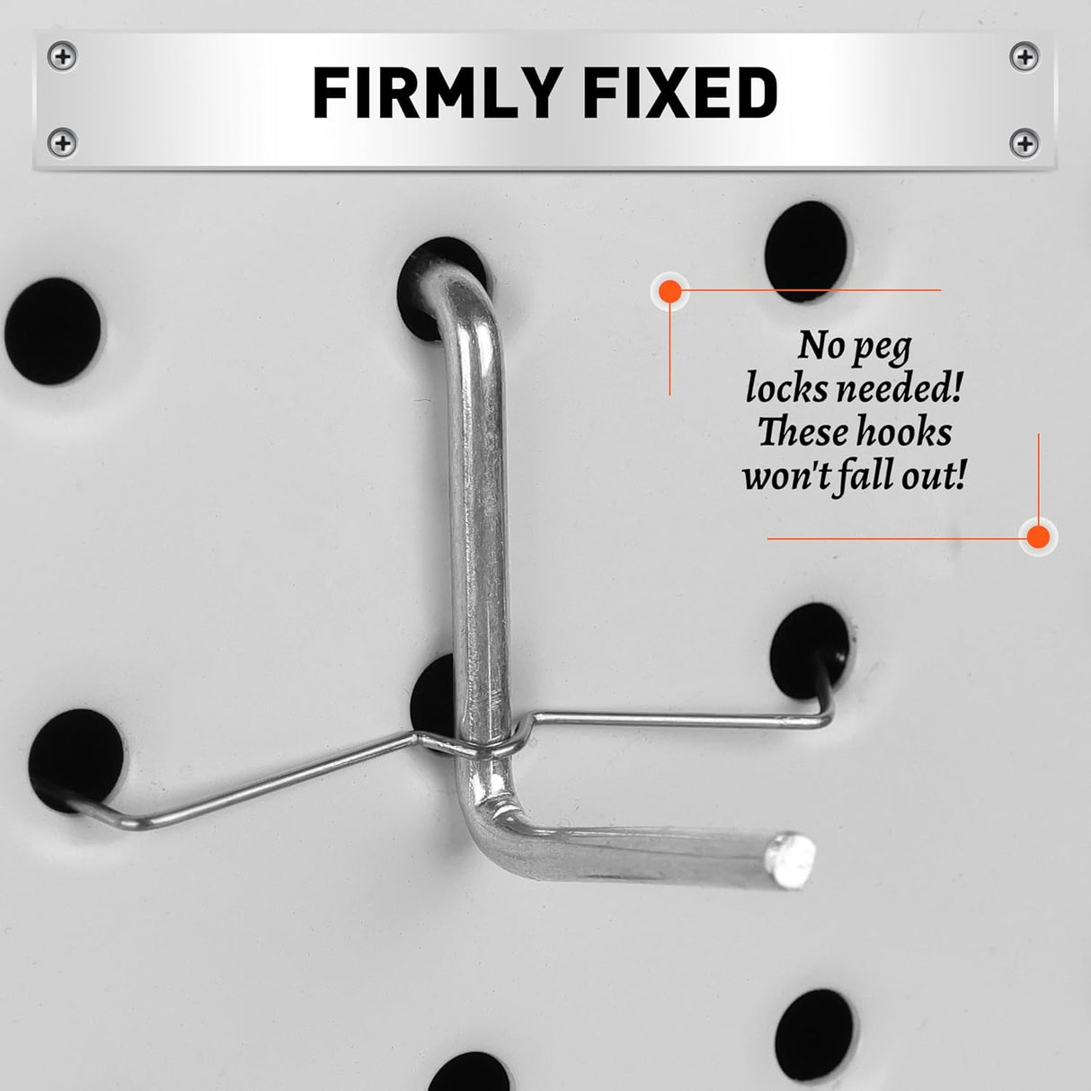 HORUSDY 100-pack pegboard metal peg locks with anti-fall hook design for 1/4" and 1/8" pegboards, durable and rust-resistant