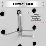 HORUSDY 100-pack pegboard metal peg locks with anti-fall hook design for 1/4" and 1/8" pegboards, durable and rust-resistant