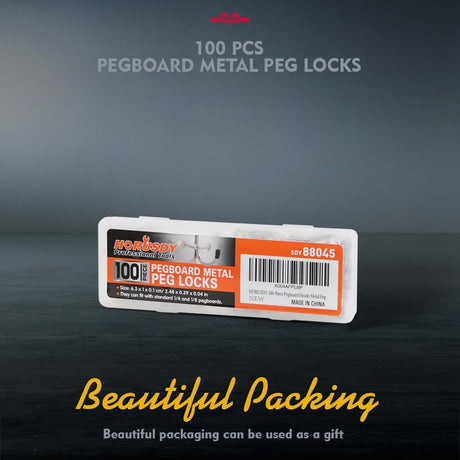 HORUSDY 100-pack pegboard metal peg locks with anti-fall hook design for 1/4" and 1/8" pegboards, durable and rust-resistant