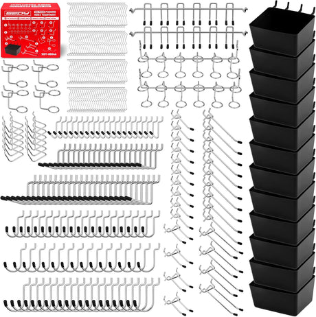SEDY 300-piece pegboard hooks assortment with stainless steel peglocks, multiple sizes, bins for screws and small parts, fits standard 1/8" and 1/4" pegboards