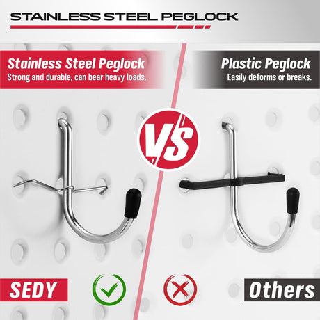 SEDY 300-piece pegboard hooks assortment with stainless steel peglocks, multiple sizes, bins for screws and small parts, fits standard 1/8" and 1/4" pegboards