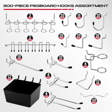 SEDY 300-piece pegboard hooks assortment with stainless steel peglocks, multiple sizes, bins for screws and small parts, fits standard 1/8" and 1/4" pegboards