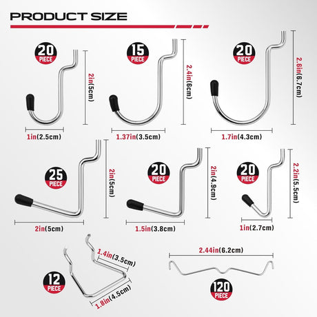 SEDY 300-piece pegboard hooks assortment with stainless steel peglocks, multiple sizes, bins for screws and small parts, fits standard 1/8" and 1/4" pegboards